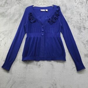 DKNY Sweater Womens M Blue 3 Button Cardigan Embellished Detail Cotton‎ Preppy